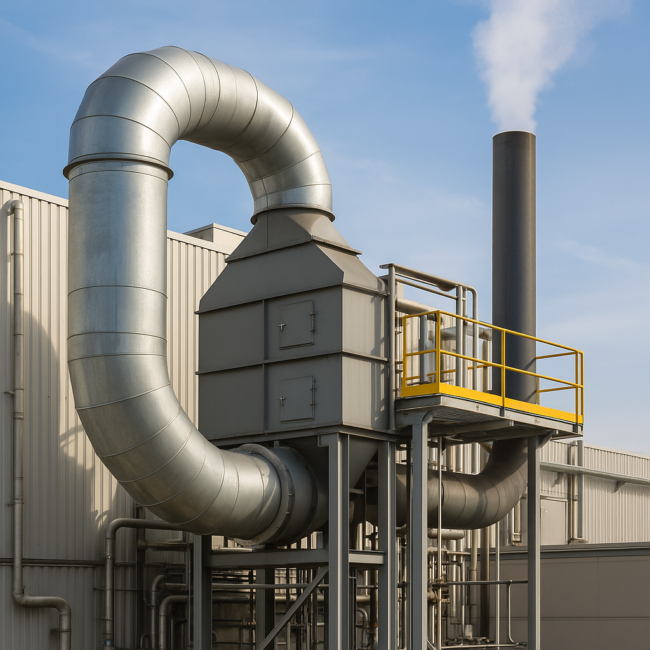 ChatGPT Image 28 Tem 2025 00_38_46 Bir fabrikanın bacasından çıkan sıcak havayı geri kazanım sistemine yönlendiren modern sanayi altyapısı.