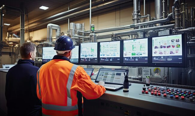 Two Men Operating an Advanced Control Panel with Precision and Focus