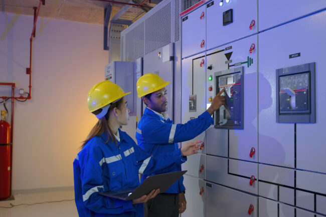 Engineers are checking electronic system at basement.